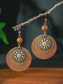 TopHanqi 1 Pair Bohemian Vintage Color-Block Layered Wooden Bead Earrings, Distressed Tree Of Life & Sun Flower Pattern, Multiple Styles Long Drop Earrings For Women - Multicolor - View 9
