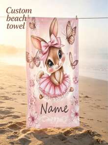 Pink Ballet Bunny Custom Beach Bath Towel, Personalized Name, Super Absorbent Microfiber Quick Dry Sand Resistant Gift - Multicolor - View 4