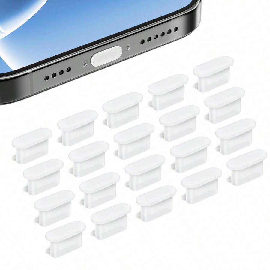 20入充電孔防塵帽， 14 13 12 11 Pro Max 適用防塵塞，Lightning 接口防塵蓋，日常使用手機配件 - 半透明白色 - 查看 1