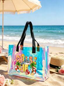 Juego de bolsas de playa de PVC de colores con tema de vida de crucero, con patrón de palmeras de coco, diseño de letras de moda "Cruise Life", bolsa de hombro transparente, bolsa de mano transparente de gran capacidad, bolsa de cosméticos de viaje portátil, bolsa de almacenamiento de artículos de tocador. Adecuada para playa, piscina, vacaciones y uso diario, perfecta para guardar trajes de baño, toallas, cosméticos, etc., ideal para amantes del verano, viajeros y entusiastas de festivales de música - Multicolor - Ver 10