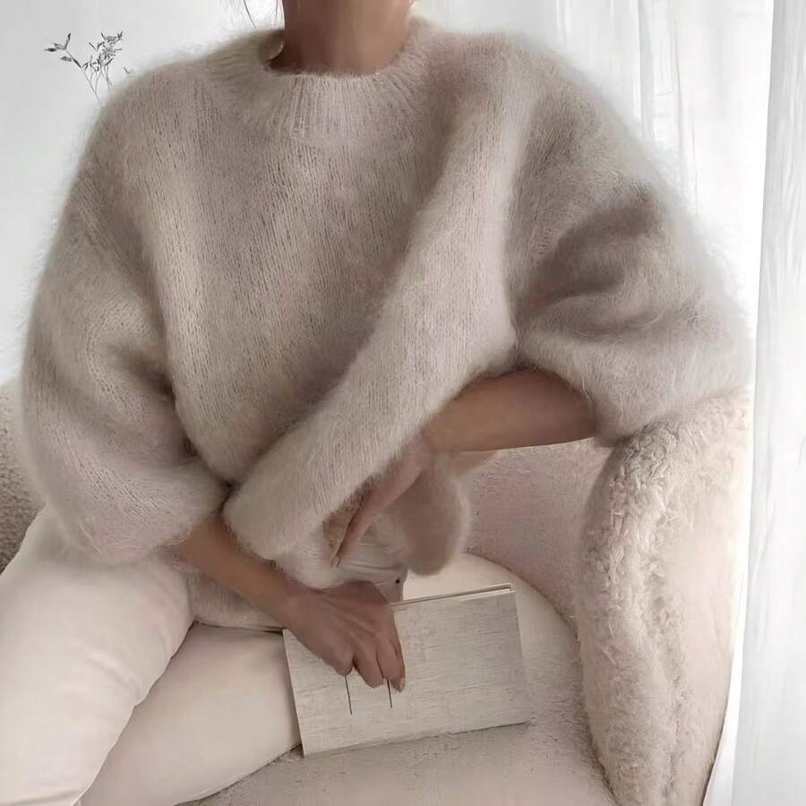 Women's Fashionable Minimalist Fuzzy Ribbed Knit Crew Neck Sweater, Regular Length, Drop Shoulder, 3/4 Sleeve Top Fall - Dusty Pink - View 1