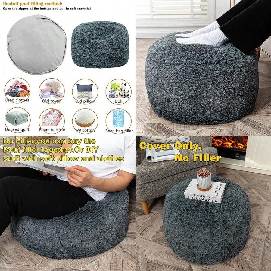 Taburete otomano piel sin para piso sin relleno reposapiés 20 x 12 pulgadas asiento redondo puf silla almacenamiento plegable para sala de estar recámara solo color gris - Cubierta de puf gris oscuro sin relleno - Ver 1