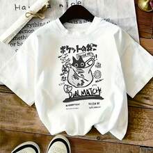 1pc Tallas completas Camiseta con estampado de garabatos de gato lindo, diseño de estilo callejero divertido con texto japonés y acentos florales, camiseta de gato ligera y cómoda - Negro - Ver 1