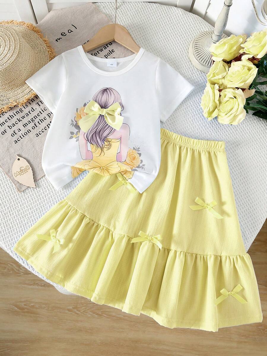 2pcs/Set Young Girls Figure & Floral Print T-Shirt + Solid Color Bow Decor Elegant A-Line Skirt Set, Summer - Yellow - View 1