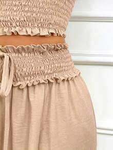 AIJ Elegant Women's Strapless Ruffle Hem Crop Top Paired With Pleated Detail Split Skirt Set, Suitable For Party And Daily Wear Summer - Apricot - View 7