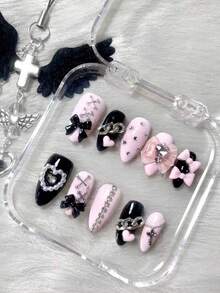 10pcs Hot-Selling Handmade Press-On Nails, Gothic Y2K Sweet & Spicy Style Long Almond-Shaped Fake Nails, Pink & Black Base, 3D Bow, Cross Pendant, Chunky Metal Chain, Heart Rhinestone & Pink Organza Flower Decor, Alternative Girl Nail Art Set, Includes Jelly Glue And Nail File - Follow Your Heart - View 2