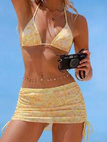 Bikini de 3 piezas con tapa triangular de cuello halter, estampado de leopardo y sarong con lazos laterales para mujeres - Multicolor - Ver 1