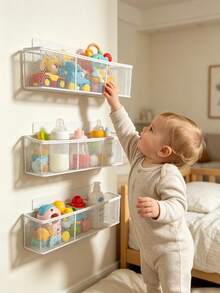 1/2/3pcs No Drill Compartment Nursery Wall Storage Basket, Adhesive Baby Organizer Rack, Wall Mount Caddy For Infant Toys Bottles Skincare Supplies - Multicolor - View 6