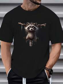 [New Products]Summer Men's Comfortable Breathable Round Neck Short Sleeve Solid Color Versatile Daily Casual T Shirt With Cute Hanging Raccoon Print - 黑色 - 查看 3