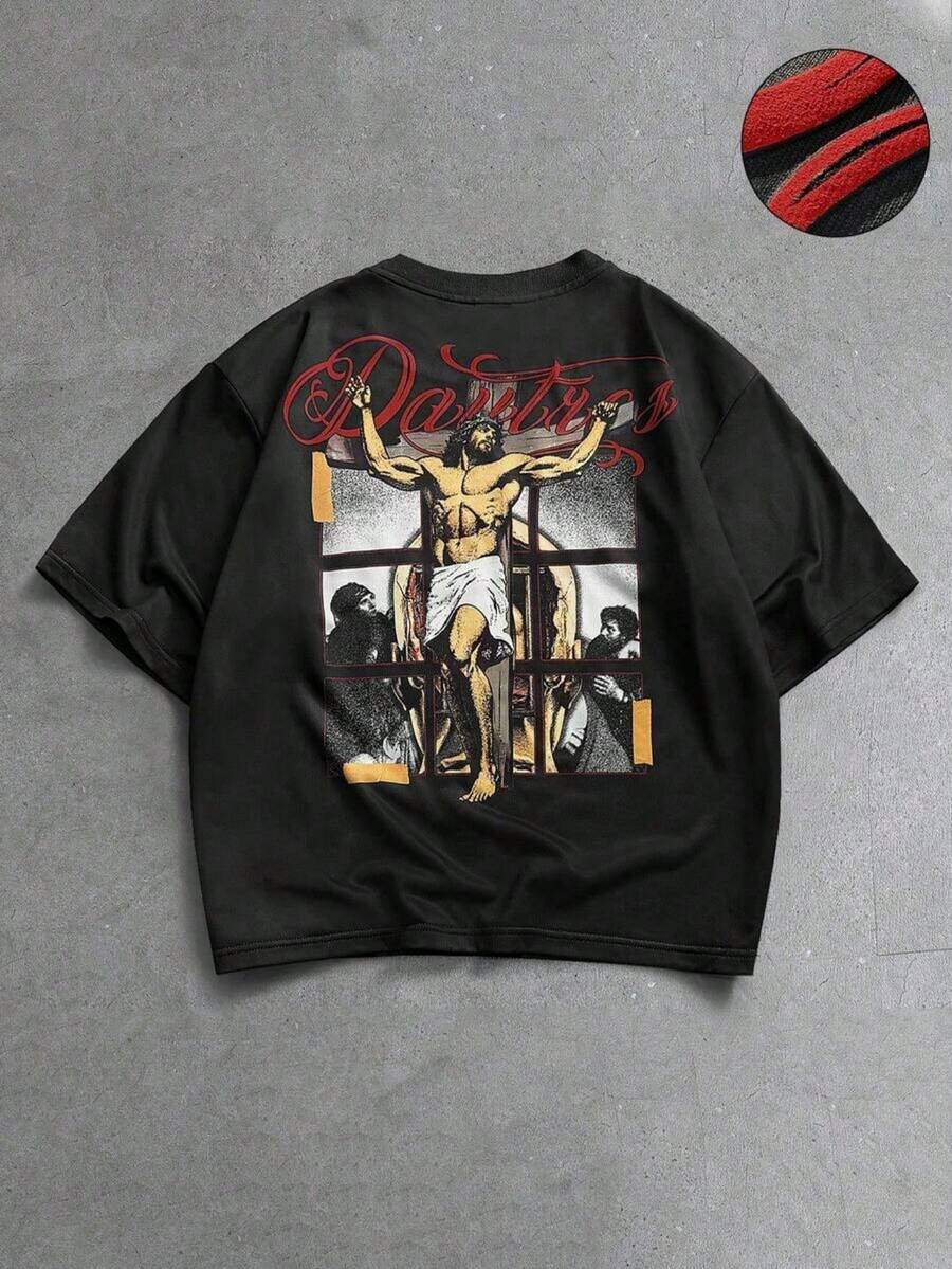 Camiseta de manga corta con estampado gráfico casual para hombre, verano - Negro - Ver 1