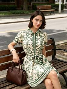 Collared Puff Sleeve Green Tropical Leaf Print Tie Waist Short A-Line Mini Dress Elegant Vacation - Multicolor - View 11