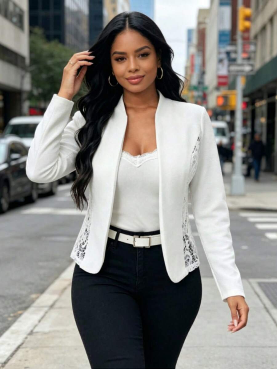 1pc Casual Daily Commute Versatile Lace Patchwork Stylish Cardigan Jacket - White - View 1