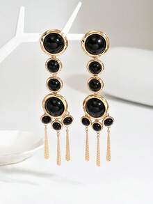 1 Pair Women's European & American Vintage Style Gold-Plated Round Faux Black Agate Long Vertical Tassel Earrings, Mixed Size Round Stone Hanging Design, Exaggerated Elegant Earrings For Commute, Evening Party, Beach Vacation And Daily Wear - Golden Yellow+Black - View 2