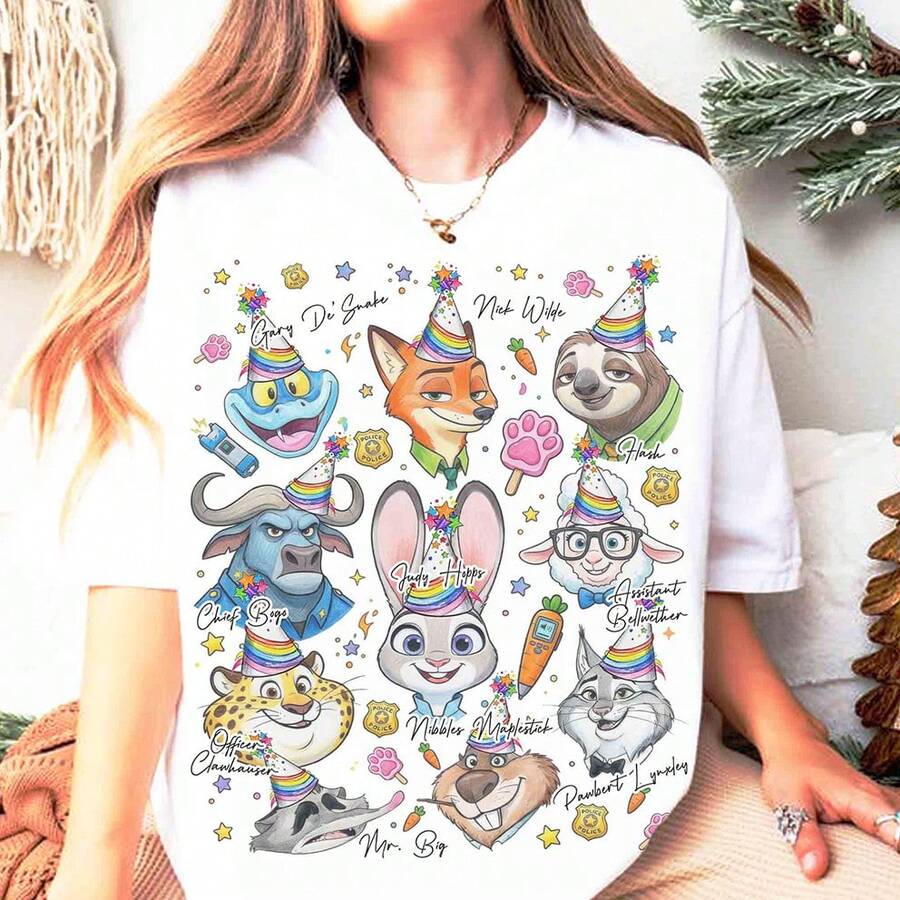 (Loose Fit)Disney Zootopia Characters Signature Sketch Birthday Shirt, Judy Hopps Nick Wilde Present Gifts Birthday Tee, It's My Birthday, Family Trip - White - View 1