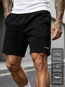 Pantalones cortos casuales para hombre, ligeros, transpirables, con cordón en la cintura, adecuados para senderismo, correr, fitness - Negro - Ver 2