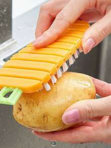 Japanese Style Flexible Multi-Function Vegetable & Fruit Cleaning Brush, Soft & Hard Dual-Sided Brush Head For Potato, Yam, Mud Removal, Household Kitchen Fruit & Vegetable, Lotus Root, Ginger, Crevice Cleaning, Bendable Scrubbing Tool For Fruits & Vegetables - Multicolor - View 4