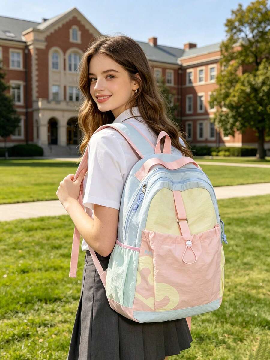 Dopamine Color-Block Water-Resistant Large Capacity Ultra-Light Backpack, Outdoor Casual Drawstring Design Multi-Pocket Functional Backpack, Student Commuter Travel Backpack, Suitable For School, Tutoring, Work, Commuting, Shopping, Travel, Back To School Season - Multicolor - View 1
