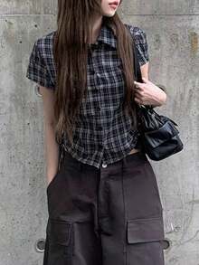 Women's Summer Design Plaid Versatile Casual Shirt - Black and White - View 8