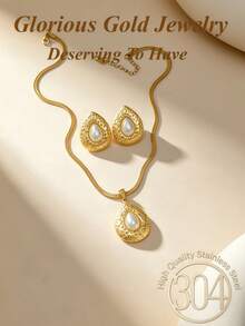 3pcs/1set, 304 Stainless Steel Vintage Water Drop Pearl Pendant Necklace And Earrings Set, Suitable For Women And Girls, Can Be Used As Mother's Gift, Christmas, Thanksgiving, Halloween, Wedding, Back To School, Carnival Party/Dance/Gathering/Daily/Beach Accessory, Anniversary, Valentine's Day, Bohemian Style Jewelry, Birthday, Bridesmaid Gift. - Jewelry Set - View 8