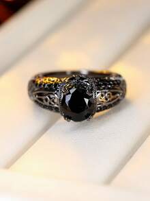 1pc Niche Dark Gothic Style Hollow Vine Carved Main Stone Inlaid Zirconia Vintage Atmosphere Accessory Ring - JZ20360 - View 2