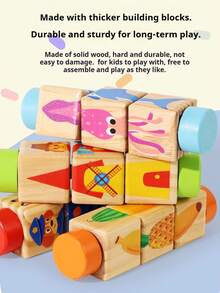 1pc Children Rotating Cognitive Puzzle Blocks Develops Fine Motor Skills In Toddlers; Educational Matching Toy; Wooden 3D Puzzle Blocks For Grip Training For Boys And Girls - 彩色 - 查看 7