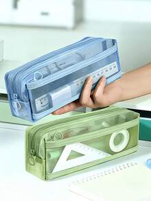Cute Morandi Plaid Transparent Double-Layer Pencil Case, Large Capacity Mesh Stationery Organizer, Double-Layer Pencil Holder, Large Capacity Transparent Pencil Box, With Handle And Zipper, Portable Travel Makeup Bag, Suitable For Adults, Schools, And Offices. - Multicolor - View 1