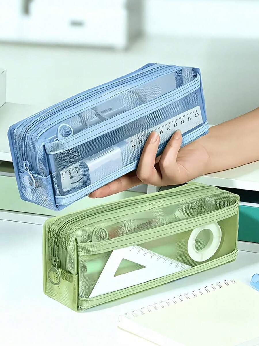 Cute Morandi Plaid Transparent Double-Layer Pencil Case, Large Capacity Mesh Stationery Organizer, Double-Layer Pencil Holder, Large Capacity Transparent Pencil Box, With Handle And Zipper, Portable Travel Makeup Bag, Suitable For Adults, Schools, And Offices. - Multicolor - View 1
