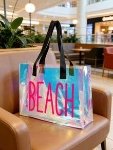 "BEACH" Print Transparent Tote Bag, Colorful Transparent Beach Bag, Large Waterproof PVC Swimming Bag, Portable Transparent Travel Shoulder Bag, Lightweight Durable Pool Bag, Fashion Transparent Handbag Suitable For Beach Vacation, Swimming, Sports Training, Fitness, Travel, Daily Outings, Shopping, Mother's Day, Birthday, Anniversary, Party Gift For Women, Girls, Moms, Friends, Summer Essential - Multicolor - View 6