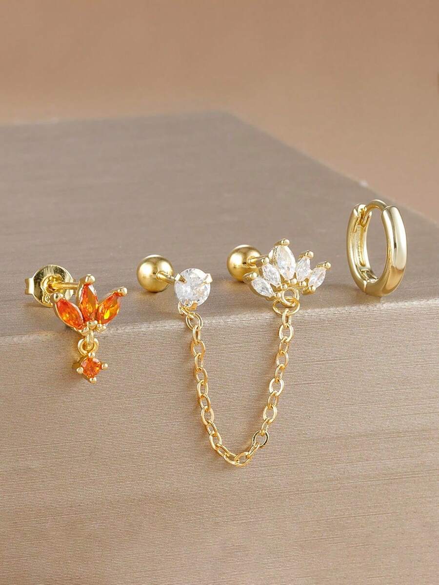 3pcs 18K Gold Plated Flower Zirconia Stainless Steel Stud Earrings, Sparkling Zirconia Flower Earring Set, Women's Cartilage Helix Double Hole Chain Piercing Earrings, Girls Gift Jewelry - Flower3 - View 1