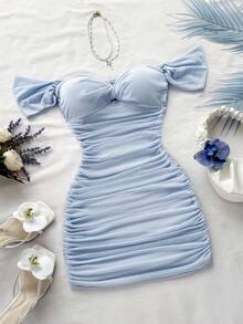 Vestido mini ajustado de punto con escote de hombros descubiertos, para vacaciones - Celeste - Ver 8