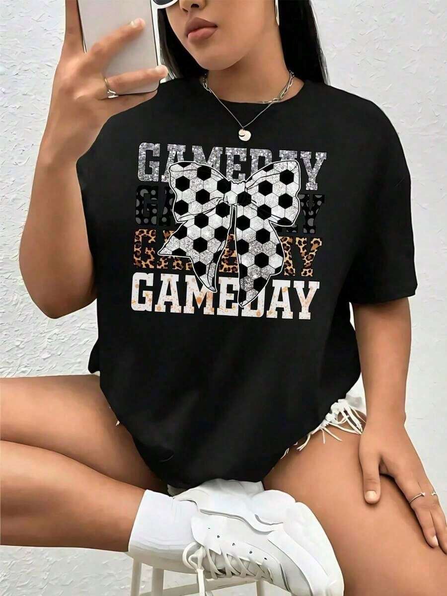 Algodón puro1pc Camisetas de primavera con estampado gráfico vintage para mujer, camisetas de verano para mujer, camisa de gran tamaño para mujer, opciones de color negro y blanco, estampado - Negro - Ver 1