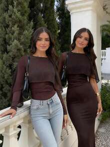 Brown Romantic Elegant Fashion Chiffon Poncho Design Knitted Ruched Mermaid Maxi Dress, Teardrop Button Back, Suitable For Spring/Summer Dates & Gatherings - Brown - View 7