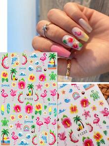 3 Sheets Tropical Flamingo Beach Ocean Nail Art Stickers, Colorful Summer 3D Self-Adhesive Nail Artist Supplies, Hawaiian Floral Turtle Cartoon Animal Music Festival Pool Party Island Vacation Nail Decorations - Multicolor - View 7