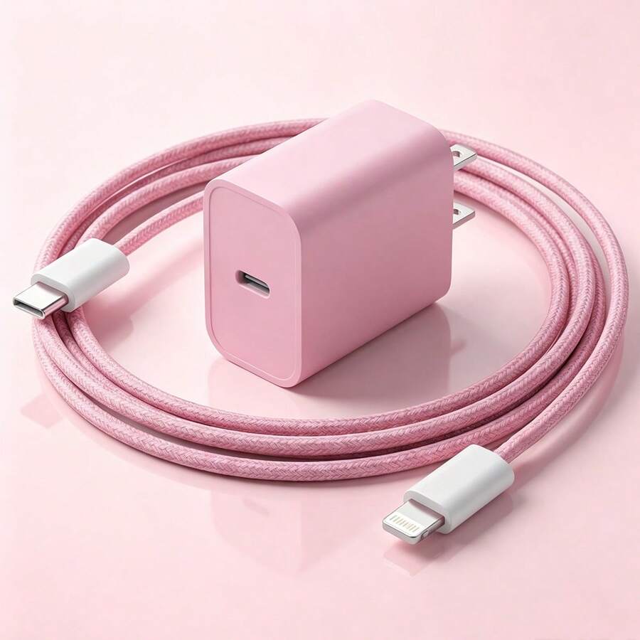 Set Pengisi Daya Cepat Dinding 20W Warna Pink, Adaptor Pengisi Daya, Dengan Kabel Pengisi Daya Jalinan Nilon Sepanjang 3,3 Kaki/100cm, Kabel Data Anti-Kusut USB-C ke Apple iOS, Kompatibel dengan iPhone 14 13 12 11 Pro Max Plus, Set Pengisi Daya Portabel - Steker Tipe AS A (110-127V) - View 1