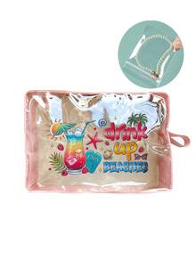 「Drink Beach」印花透明包，可愛拉鍊化妝包，多功能透明收納袋，女款透明盥洗包，5色可選，多色沙灘托特包，可折疊輕便盥洗手拿包，便攜旅行個人護理化妝收納盒，適合沙灘旅行、購物，完美適用於郵輪度假、沙灘日，教師節禮物 - 彩色 - 查看 14