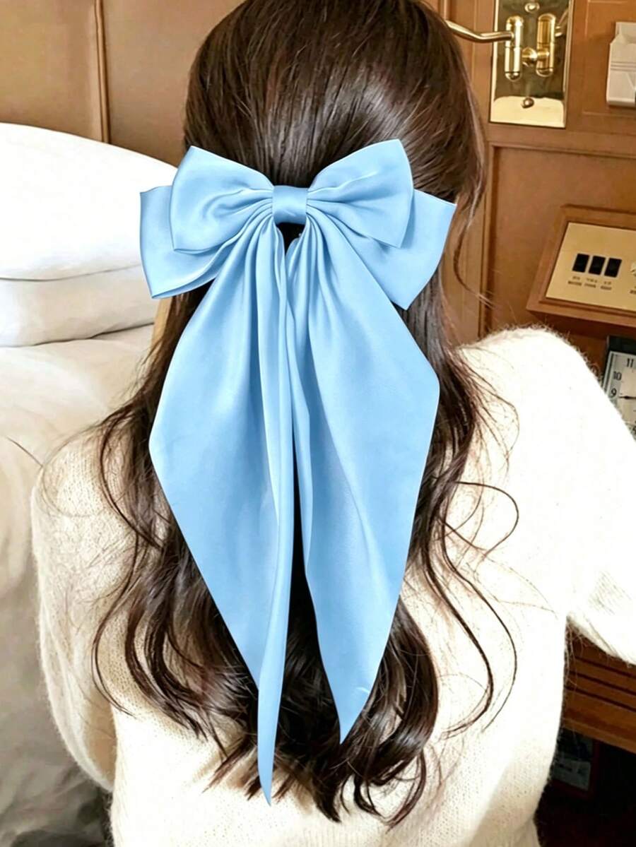 1件女款天藍色大號長緞帶亮面緞面蝴蝶結優雅髮夾，適合婚禮、日常出遊、休閒度假、派對髮飾