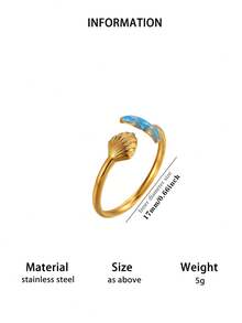 1 pezzo Anello raffinato a forma di conchiglia e coda di pesce, stile da donna, anello a conchiglia, anello a coda di balena, anello aperto regolabile in acciaio inossidabile placcato oro 18K, accessorio di moda stile vacanza estiva al mare - coda di mollusco - Visualizzare 12