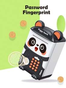 NEUSNEY 1 件熊猫形电子存钱罐玩具，儿童 ATM 硬币盒，带指纹解锁，自动卷起硬币，创意学习金融玩具，适合 3 岁以上男孩和女孩，需要 3 节 AAA 电池（不包括在内），包含一些随机配件 - 黑與白 - 查看 5