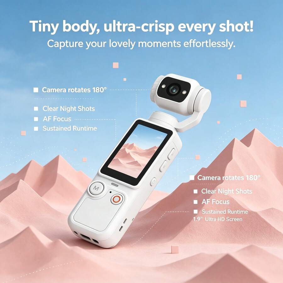 2026 New Portable Handheld Action Video Camera Camcorder 180 Degree Rotating Lens 1.9 Inch HD Display AF Autofocus Ultra Clear Night Video Compact For Travel Outdoor Sports Hiking Camping Black Orange White - View 1