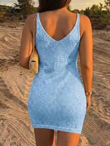 Women's Plus Size Summer Beach Vacation Bohemian Style Shiny Silk Ruched Crochet Strap Cover-Up Mini Dress, Lightweight Semi-Sheer Holiday Dress - Blue - View 4
