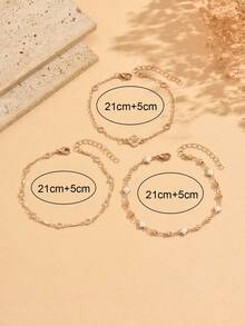 3 piezas Tobillera de moda multicapa con decoración de trébol y strass transparente para mujeres, adecuada para uso diario, fiestas, playa, vacaciones y viajes, cadena hecha a mano cortada a medida con número variable de cuentas - Dorado - Ver 4