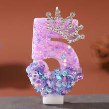 1pc Glitter Crown Number Birthday Candle 0-9, Purple Sequin Cake Topper Decoration, Sparkle Rhinestone Tiara Candle For Birthday Party & Anniversary Celebration, DIY Cake Decor Party Supplies - Purple - View 6