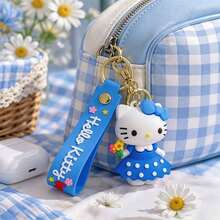 Miniso Sanrio Hello Kitty 卡通角色鑰匙圈，手持花束、藍色波點洋裝吊飾，錢包手提包配件裝飾品 - 藍色的 - 查看 2