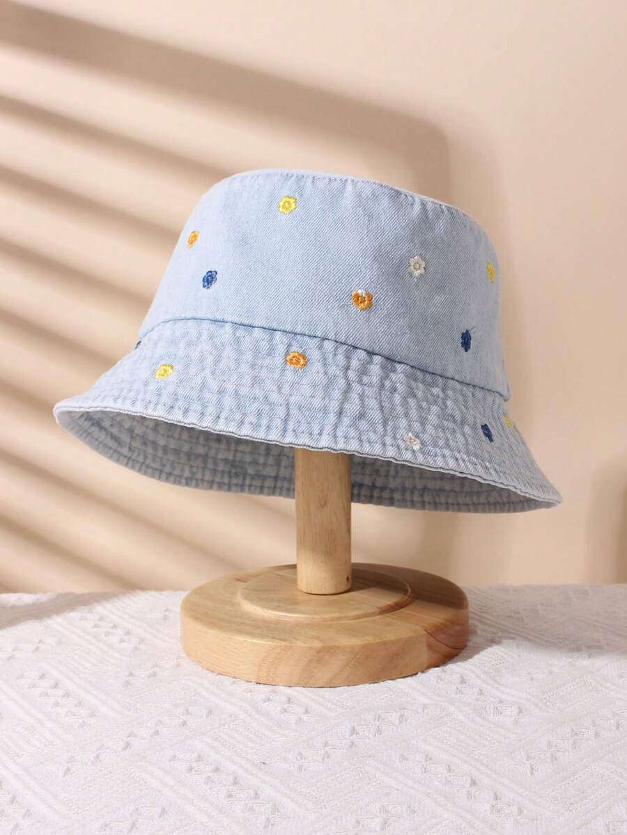 1pc Kids Embroidered Pattern Sun Protection Fashion Casual Distressed Bucket Hat Suitable For Outdoor Travel And Daily Use