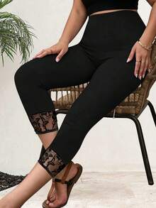 Pantalones de yoga de talle alto y unicolor con control de abdomen para mujer de talla grande, diseño con encaje, tela elástica y cómoda, adecuado para uso casual y deportivo en primavera - Negro - Ver 7