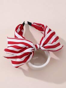 1pc Women's Fashionable Elegant Red & White Striped Print Bow Ribbon Rabbit Ear Wide Headband Knotted Fabric Hair Hoop, Suitable For Daily Casual Beach Vacation Decoration & Styling Hairband - Red - View 5
