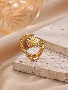 Fashionable Large C-Shaped Smiling Face Sun, Starfish And Coconut Tree Stainless Steel Ring, Gold Rust-Resistant Adjustable Finger Ring, Suitable For Women/Girlfriend/Best Friend, Summer Vacation Party Accessory, Exquisite Wedding Jewelry, Birthday Anniversary Gift - Multicolor - View 4