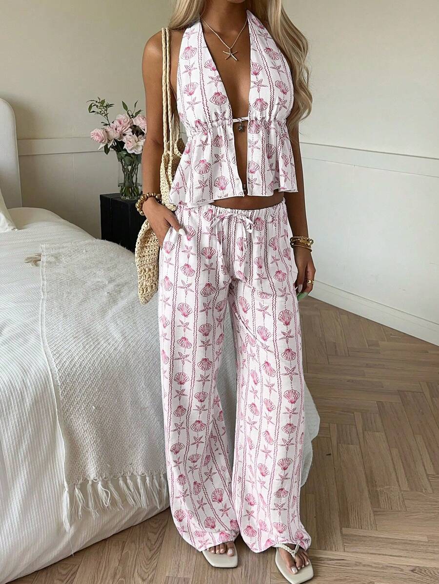 Conjunto de ropa de estar en casa informal bordado para mujer - Rosa - Ver 1