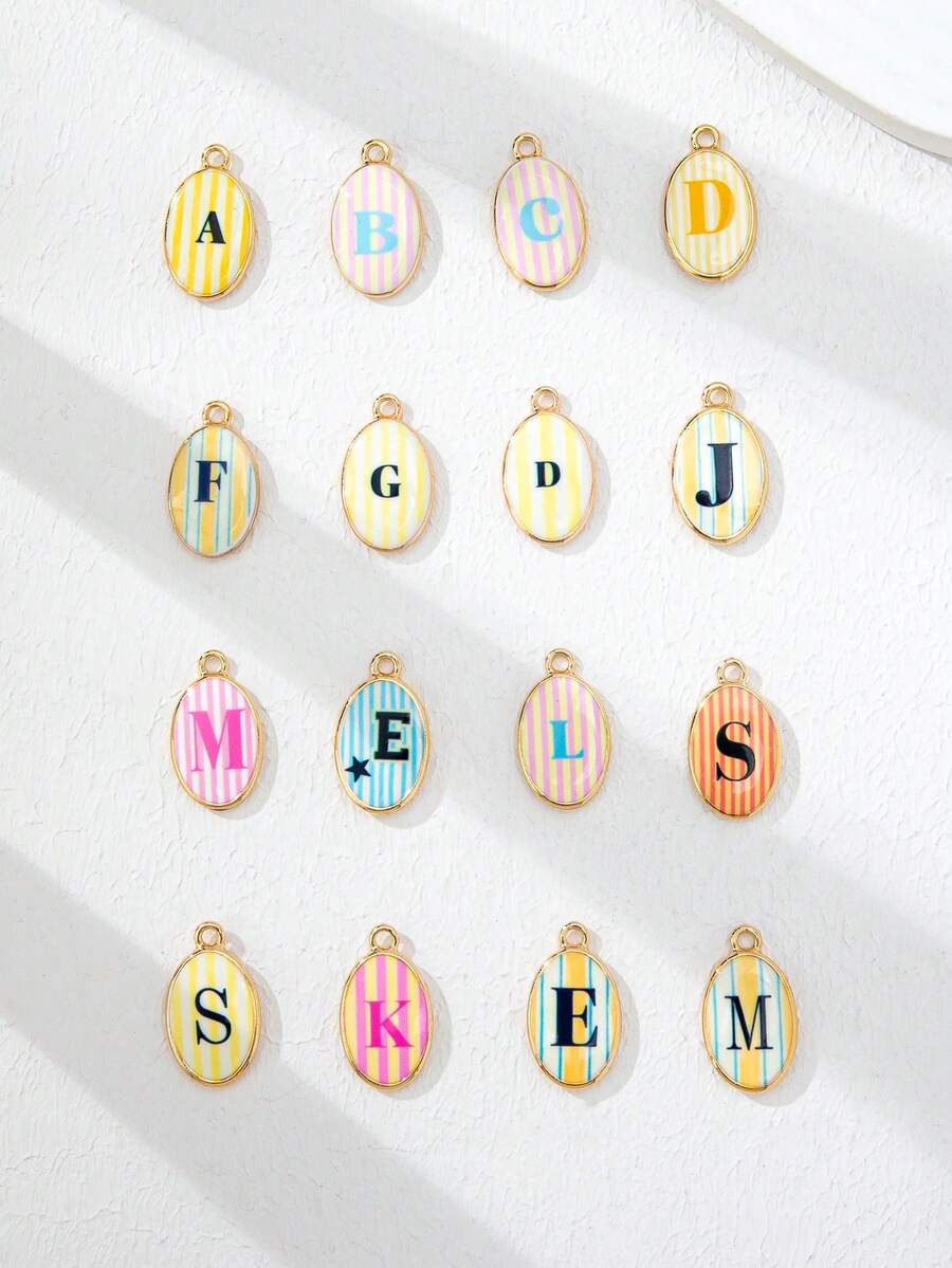 1 pieza Dijes de Letras Iniciales para Hacer Joyas DIY, Colgantes de Alfabeto Ovalados con Esmalte Dorado y Rayas de Colores, Dijes Surtidos A-Z para Pulseras y Collares - Multicolor - Ver 1