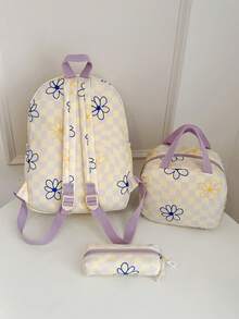 3-Piece Back To School Backpack Set - Checkerboard/Floral Pattern Large Capacity Backpack + Lunch Bag + Pencil Case Multi-Piece Set, With Laptop Compartment, Bow Pattern, Durable Nylon Backpack, With Adjustable Shoulder Straps And Spacious Multi-Pockets - Lightweight Portable Zipper Bag, Suitable For Students/Teens/Graduates, Perfect For Outdoor/Travel/Middle School/High School/College, Essential College Backpack - Purple - View 9